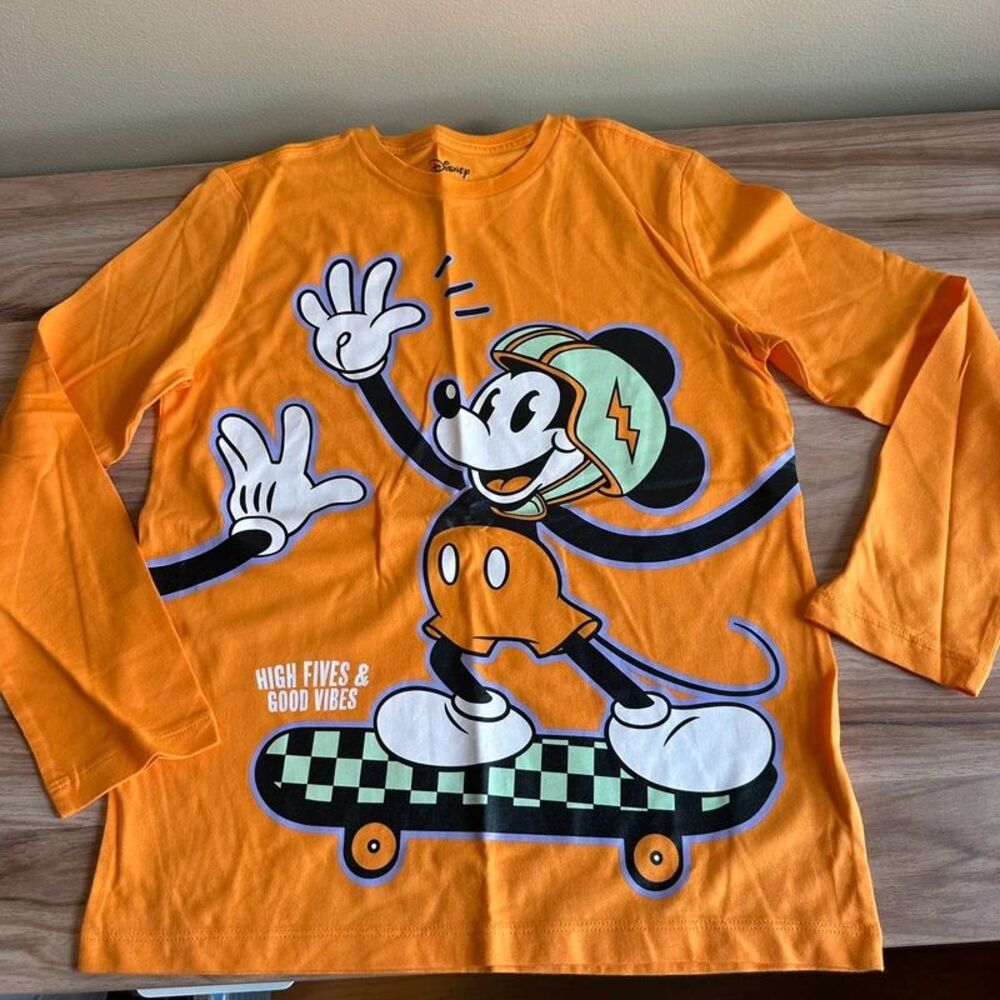 Disney Mickey Mouse Boys Long Sleeve Shirt Size M 8 Spotted Zebra Orange Cotton